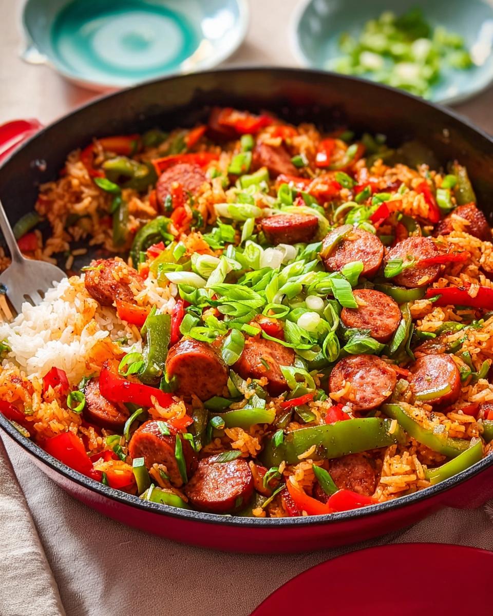 A vibrant Cajun Sausage and Rice Skillet filled with colorful peppers, sausage slices, and topped with green onions.