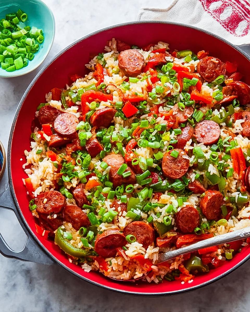 A vibrant Cajun Sausage and Rice Skillet, brimming with sliced sausage, peppers, and green onions.