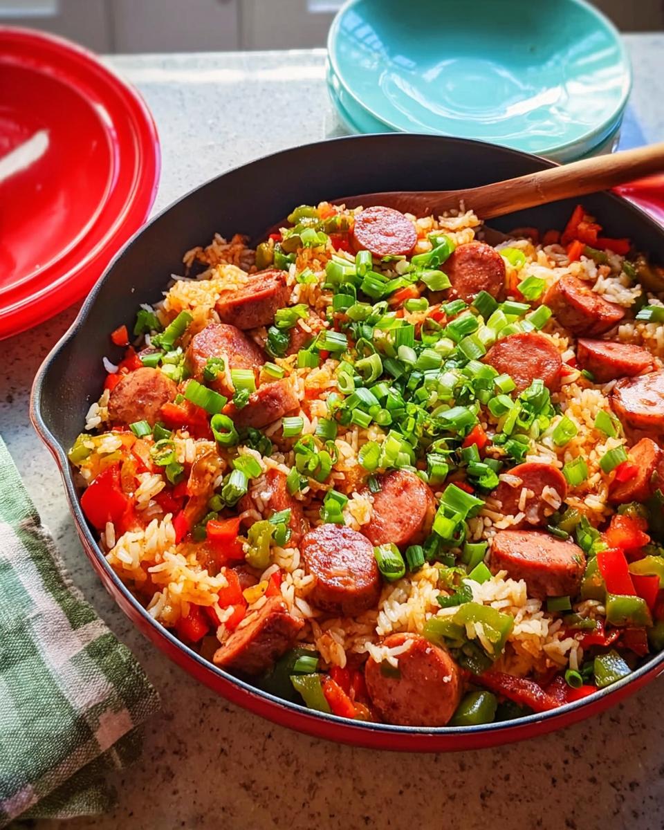 A close-up of a Cajun Sausage and Rice Skillet, filled with rice, sausage slices, bell peppers, and green onions.