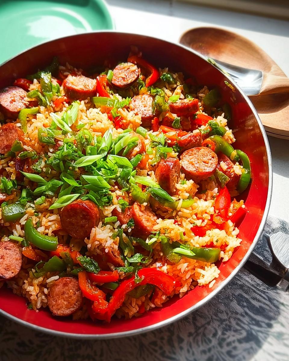 A close-up of a vibrant Cajun Sausage and Rice Skillet filled with rice, sliced sausage, red and green bell peppers, and green onions.