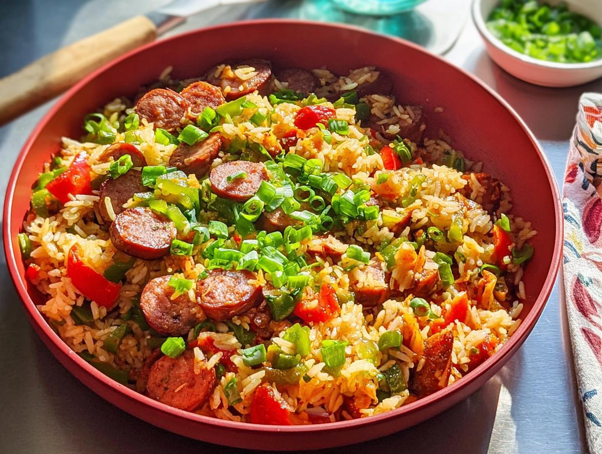 A vibrant bowl of Cajun Sausage and Rice Skillet, packed with sliced sausage, bell peppers, and green onions.