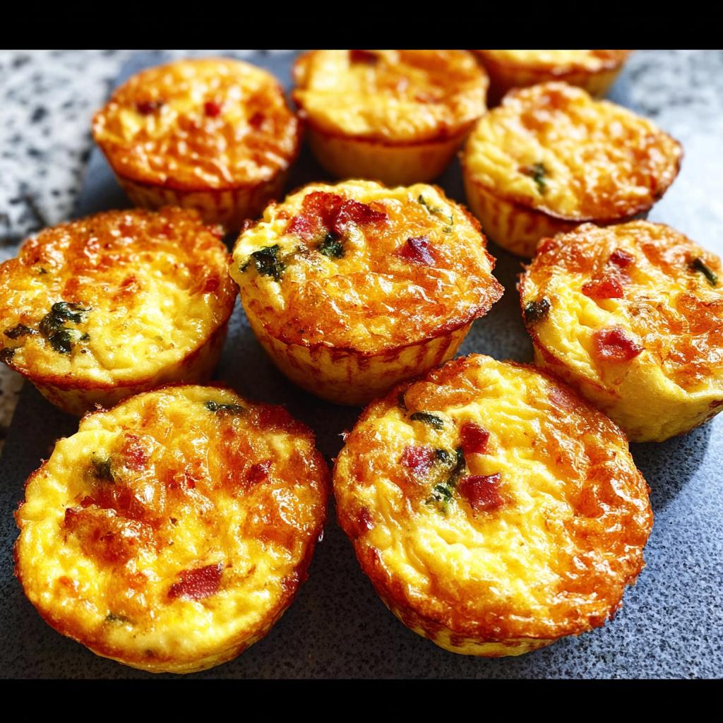 Golden brown Cheesy Muffin Tin Cottage Cheese Egg Bites topped with bacon bits and green herbs.