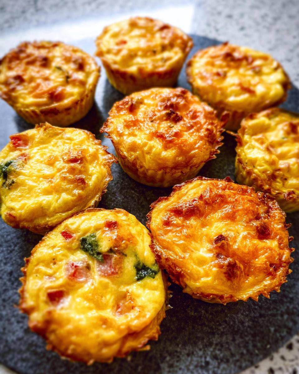 A close-up of several golden-brown Cheesy Muffin Tin Cottage Cheese Egg Bites on a dark plate.