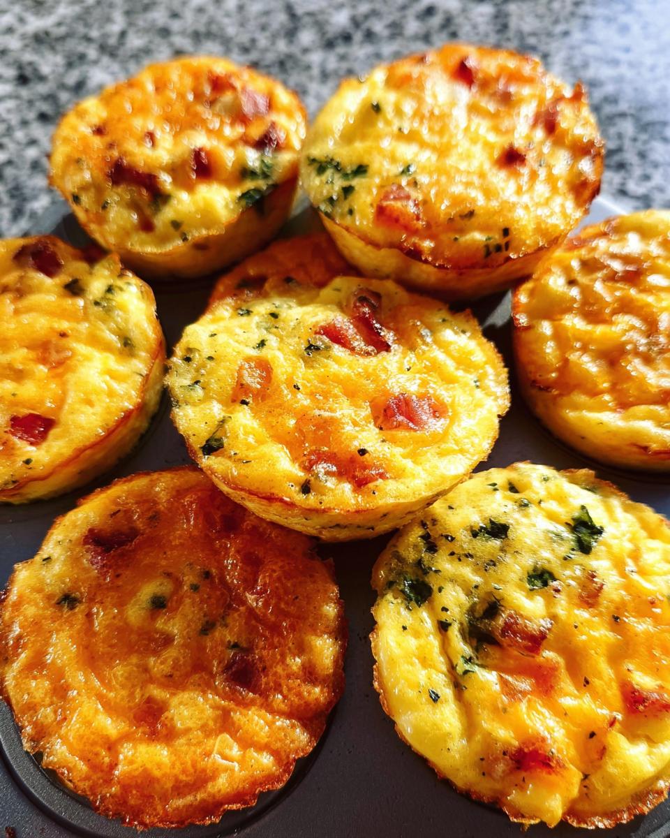 Close-up of golden brown Cheesy Muffin Tin Cottage Cheese Egg Bites with visible bits of bacon and herbs.