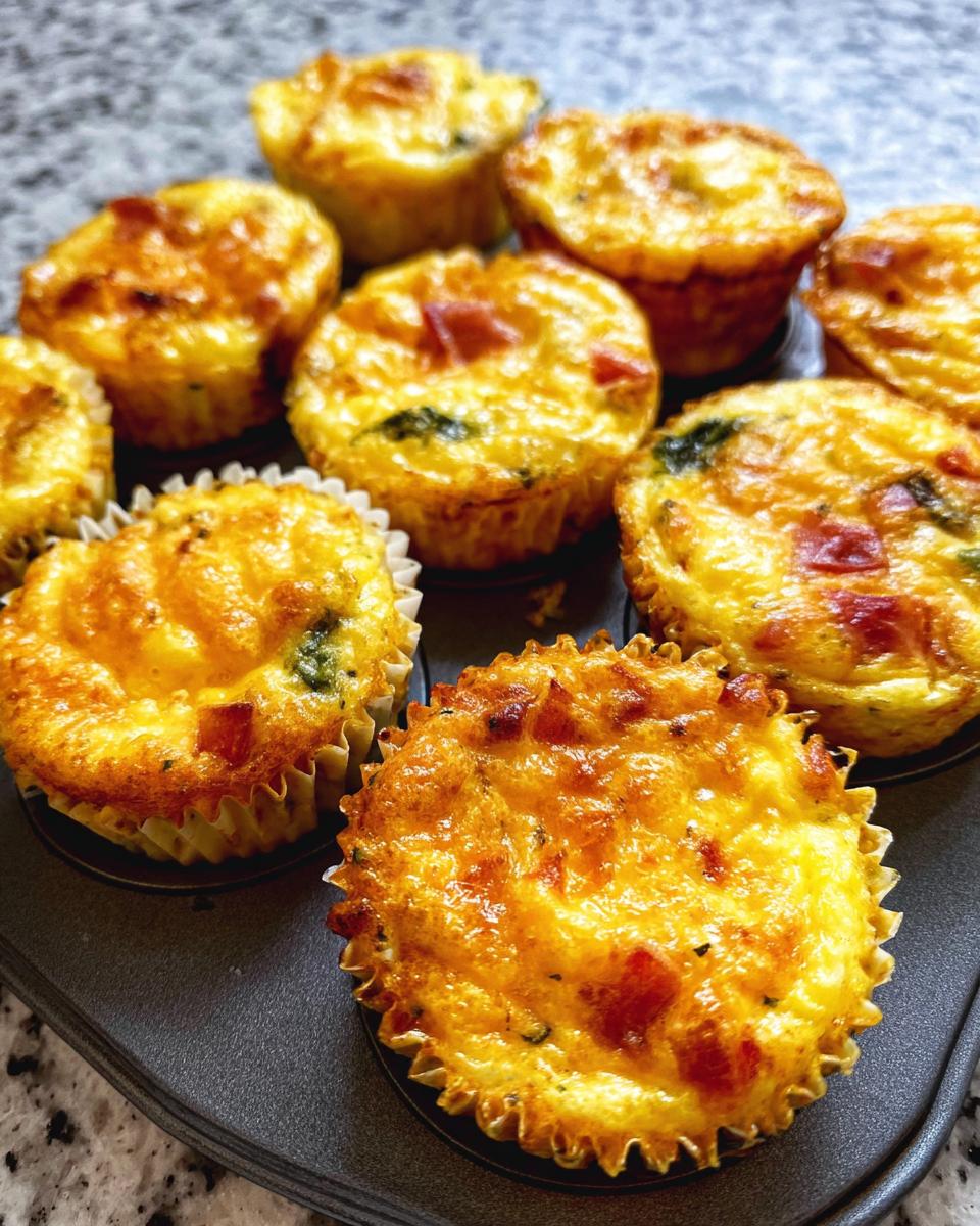 A close-up of golden brown Cheesy Muffin Tin Cottage Cheese Egg Bites baked in a muffin tin.