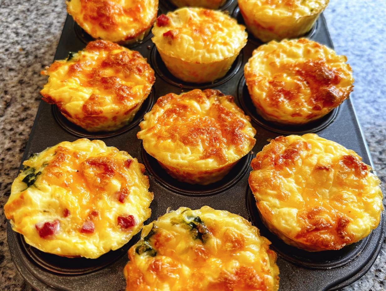 Golden brown Cheesy Muffin Tin Cottage Cheese Egg Bites baked in a muffin tin, topped with melted cheese.