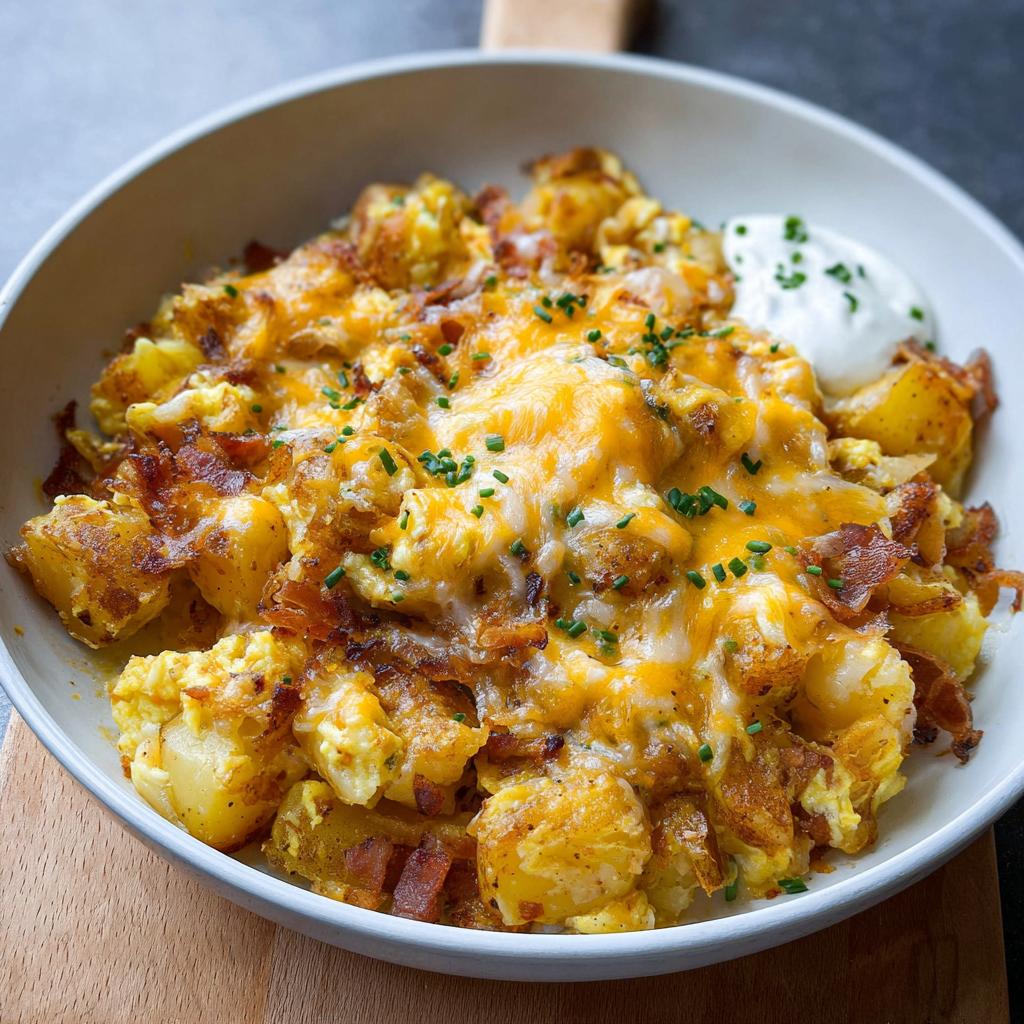 A close-up of a hearty Cheesy Potato Egg Scramble topped with melted cheddar cheese and crispy bacon bits, garnished with chives.