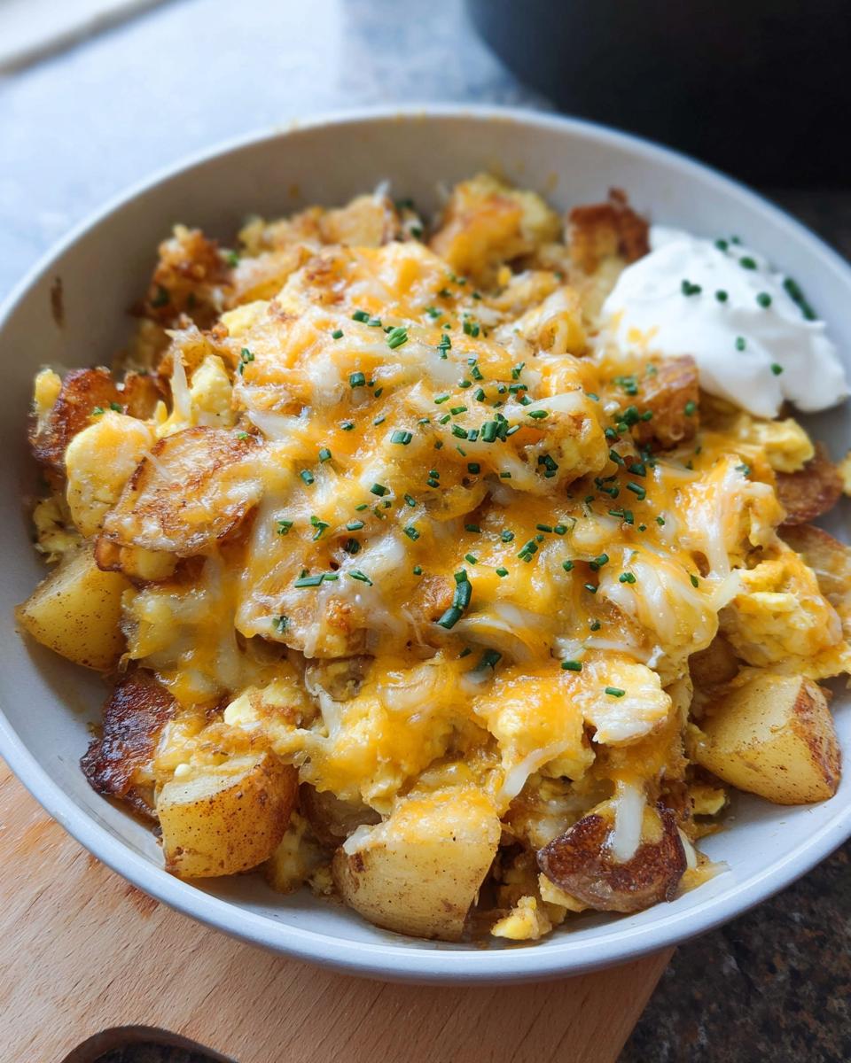 A bowl of Cheesy Potato Egg Scramble topped with melted cheddar cheese and chives, served with a dollop of sour cream.