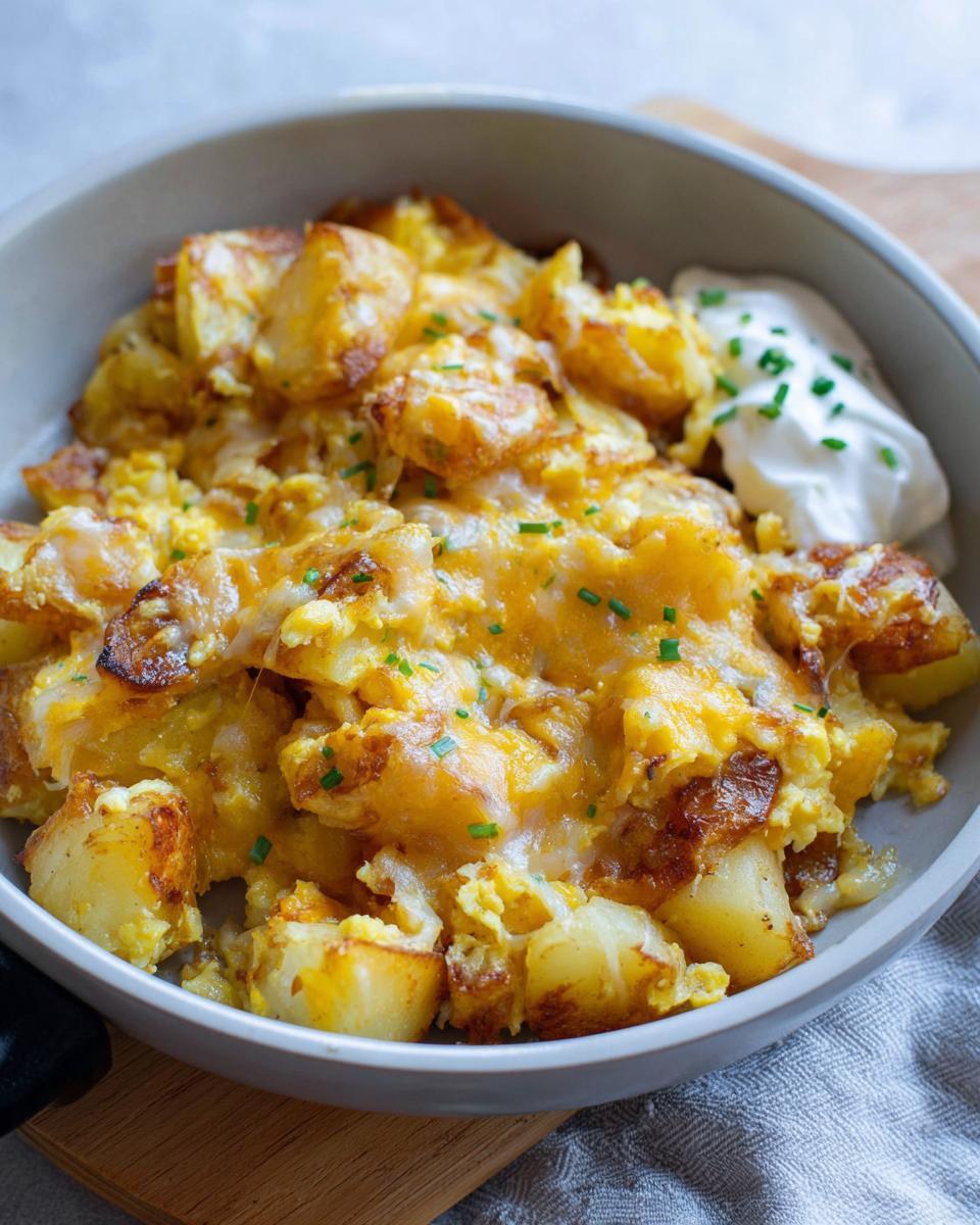 A close-up of a hearty Cheesy Potato Egg Scramble served in a bowl with a dollop of sour cream and chives.