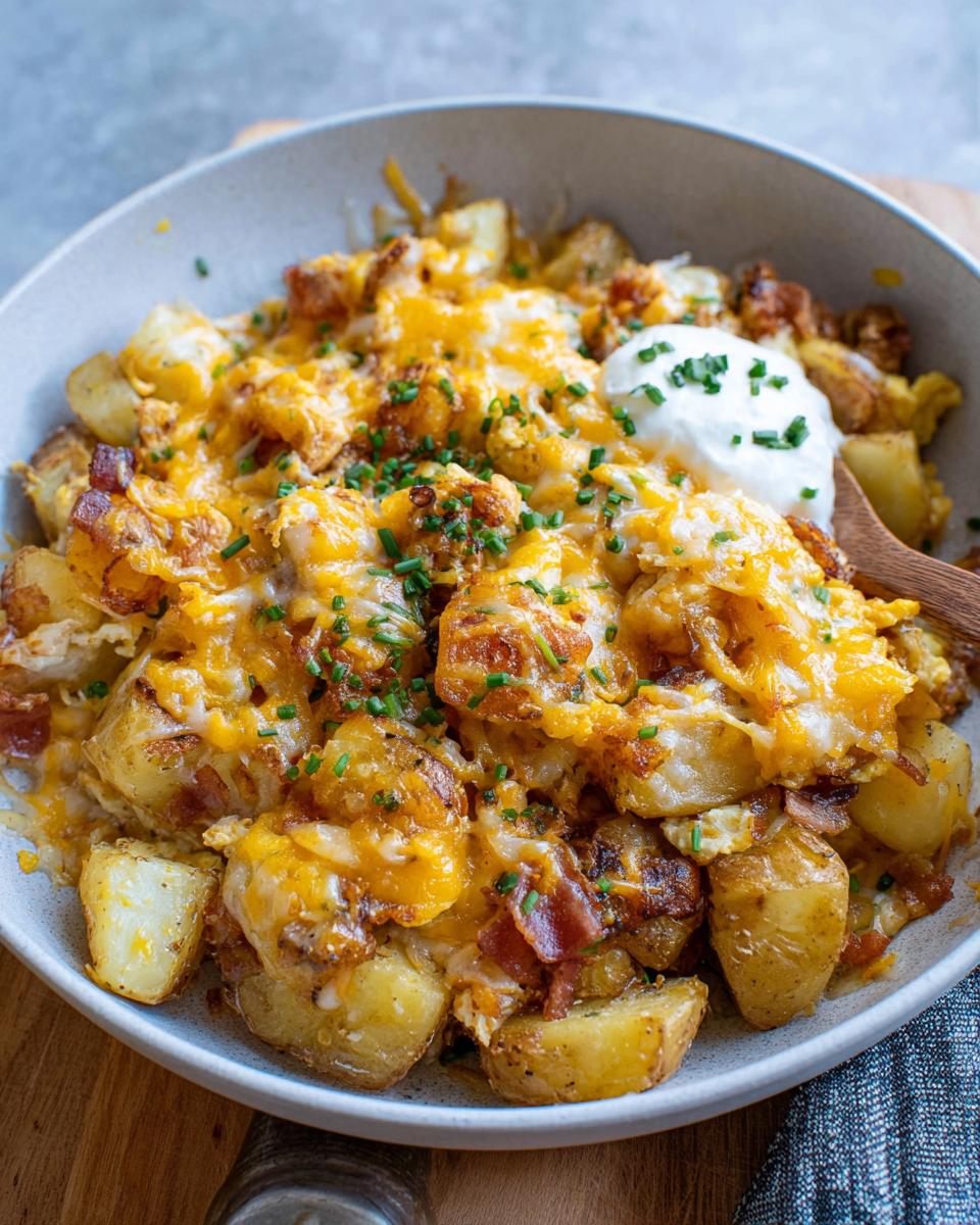 A close-up of a bowl filled with Cheesy Potato Egg Scramble, topped with melted cheddar cheese, bacon, and chives.