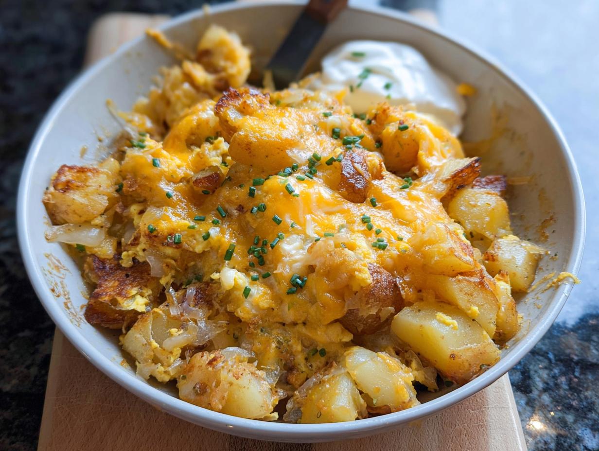 A close-up of a bowl filled with a Cheesy Potato Egg Scramble, topped with melted cheddar cheese and chives.