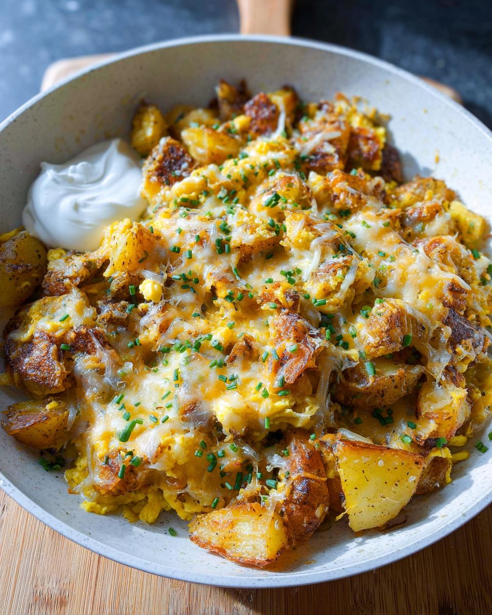 A close-up of a Cheesy Potato Egg Scramble in a skillet, topped with melted cheese and chives, with a dollop of sour cream on the side.