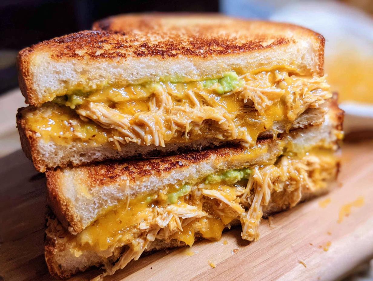 Close-up of a stacked Chicken Avocado Melt Sandwich, showing melted cheese and shredded chicken.
