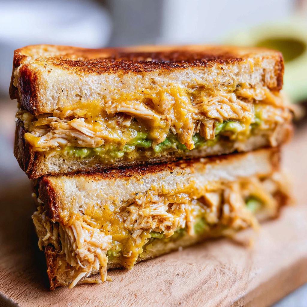 A close-up of a stacked Chicken Avocado Melt Sandwich, showing shredded chicken, melted cheese, and avocado.