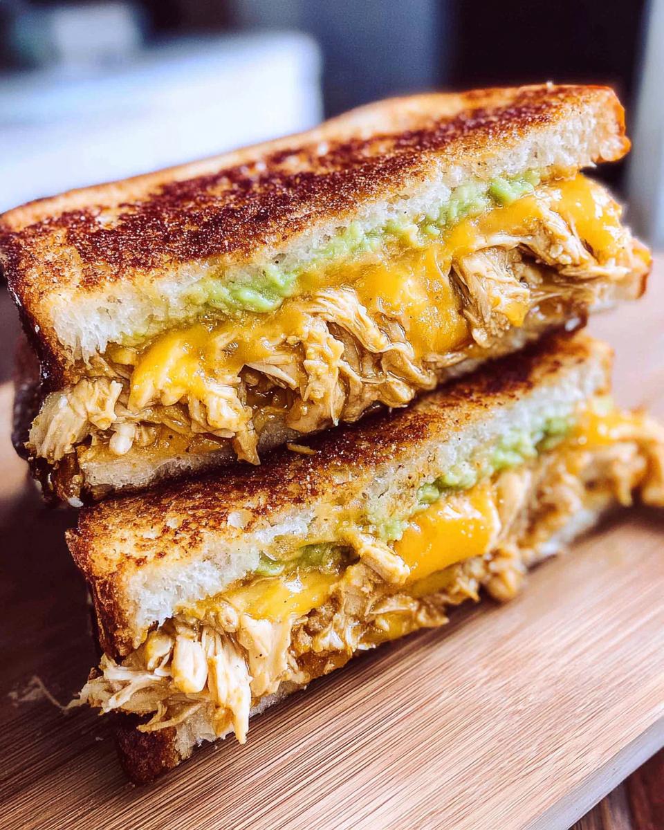 A close-up of a Chicken Avocado Melt Sandwich, showing melted cheese, shredded chicken, and avocado between toasted bread.