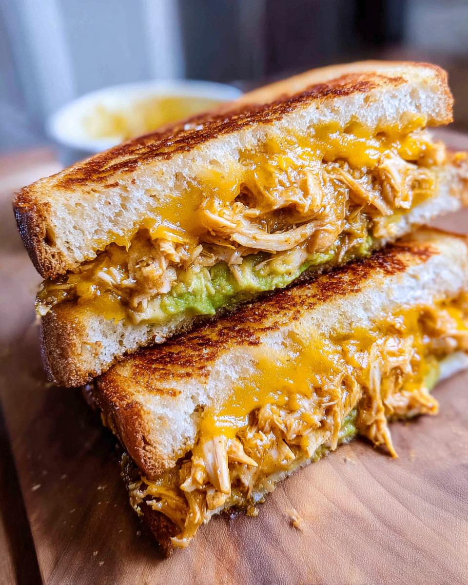 A close-up of a decadent Chicken Avocado Melt Sandwich, showcasing melted cheese, shredded chicken, and creamy avocado on toasted bread.