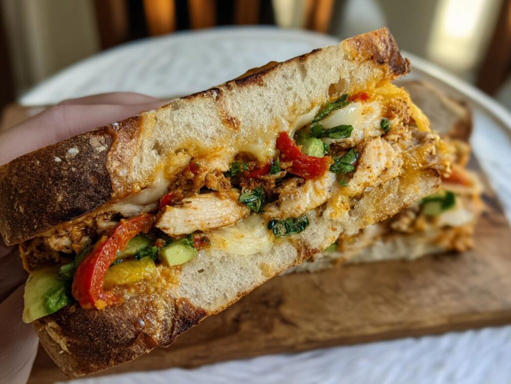 A close-up of a cut CHICKEN AVOCADO MELT SANDWICH with melted cheese, chicken, avocado, and red peppers.