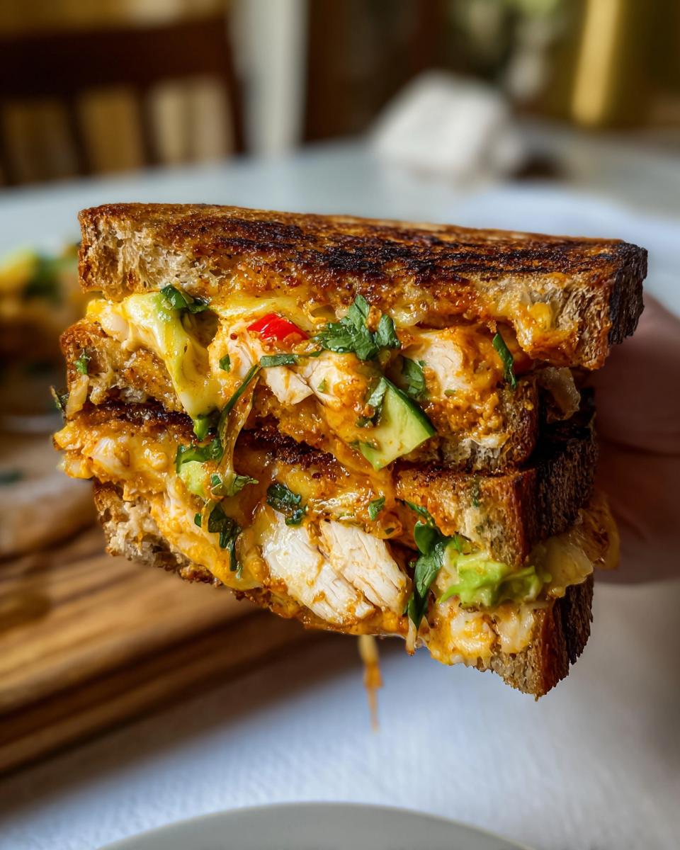 A close-up of a perfectly grilled CHICKEN AVOCADO MELT SANDWICH, overflowing with melted cheese, chicken, and avocado.