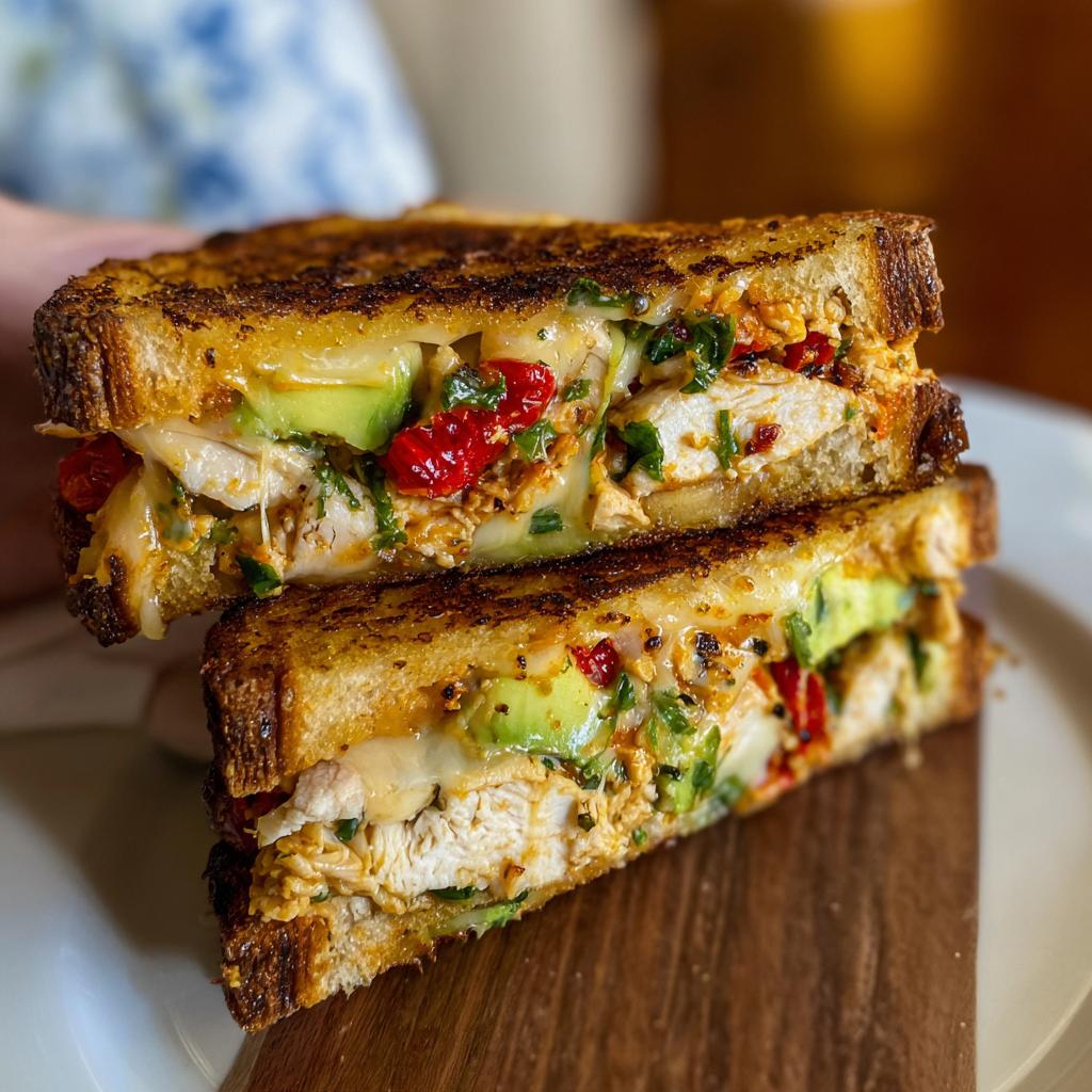 A close-up of a perfectly grilled CHICKEN AVOCADO MELT SANDWICH, showing layers of chicken, avocado, cheese, and herbs.