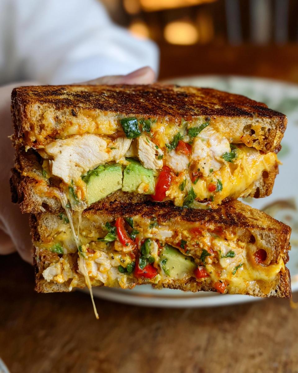 A close-up of a halved CHICKEN AVOCADO MELT SANDWICH, showing melted cheese, chicken, avocado, and red peppers.