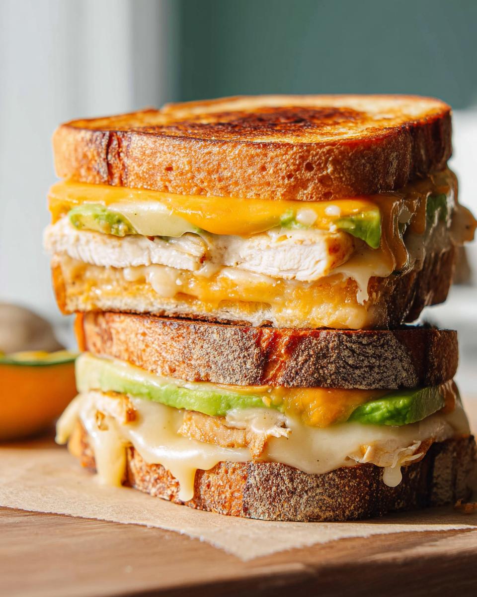 A tall stack of two halves of a Chicken Avocado Melt Sandwich, showing layers of toasted bread, chicken, avocado, and melted cheese.