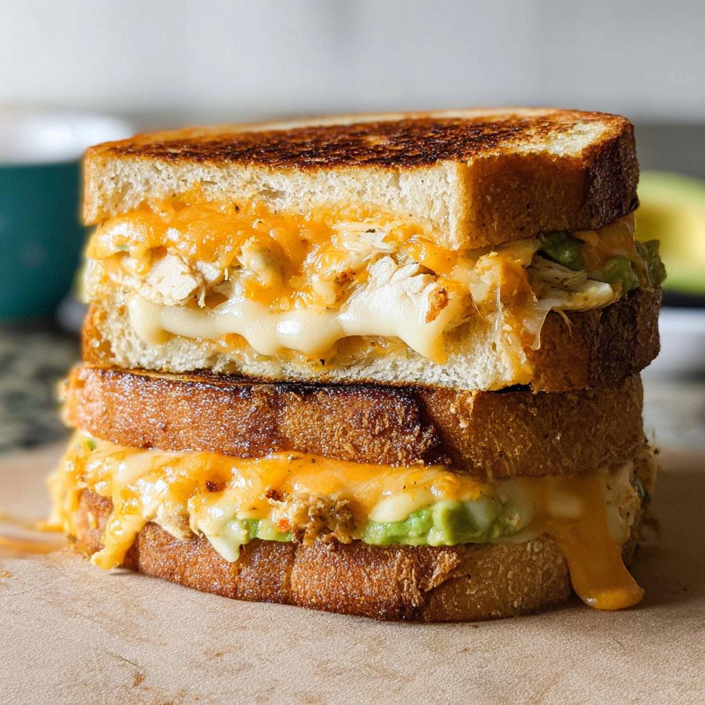 A tall stack of two Chicken Avocado Melt Sandwiches, oozing with melted cheese and avocado.