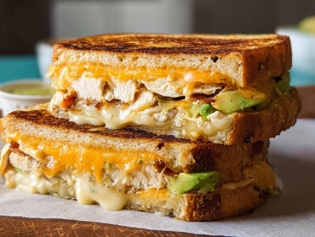 A stacked Chicken Avocado Melt Sandwich with melted cheese, chicken, and avocado slices.