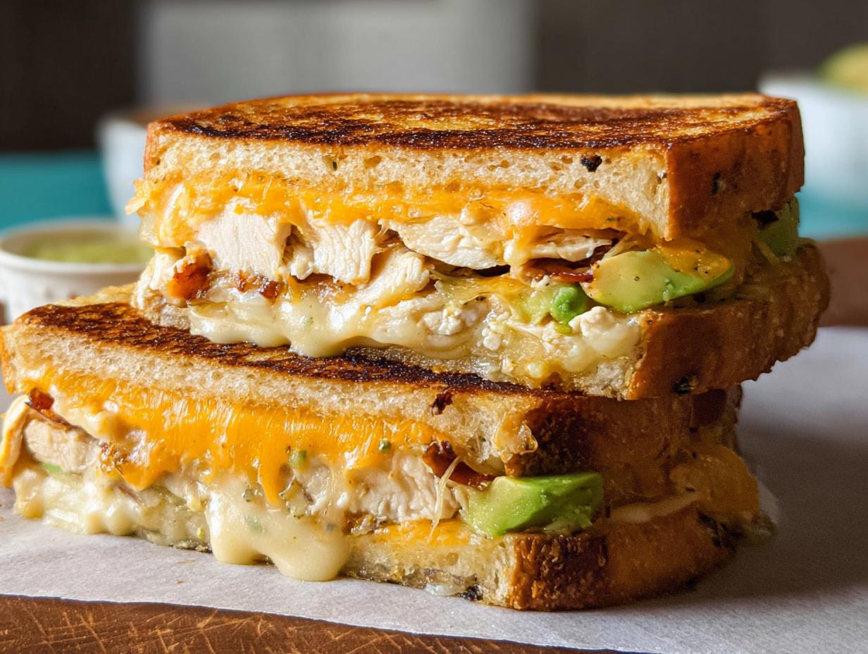 A stacked Chicken Avocado Melt Sandwich with melted cheese, chicken, and avocado slices.