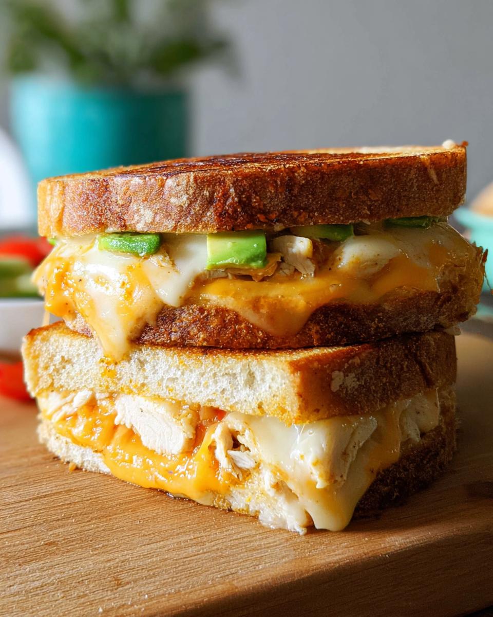 A stacked Chicken Avocado Melt Sandwich with melted cheese, chicken, and avocado on toasted bread.