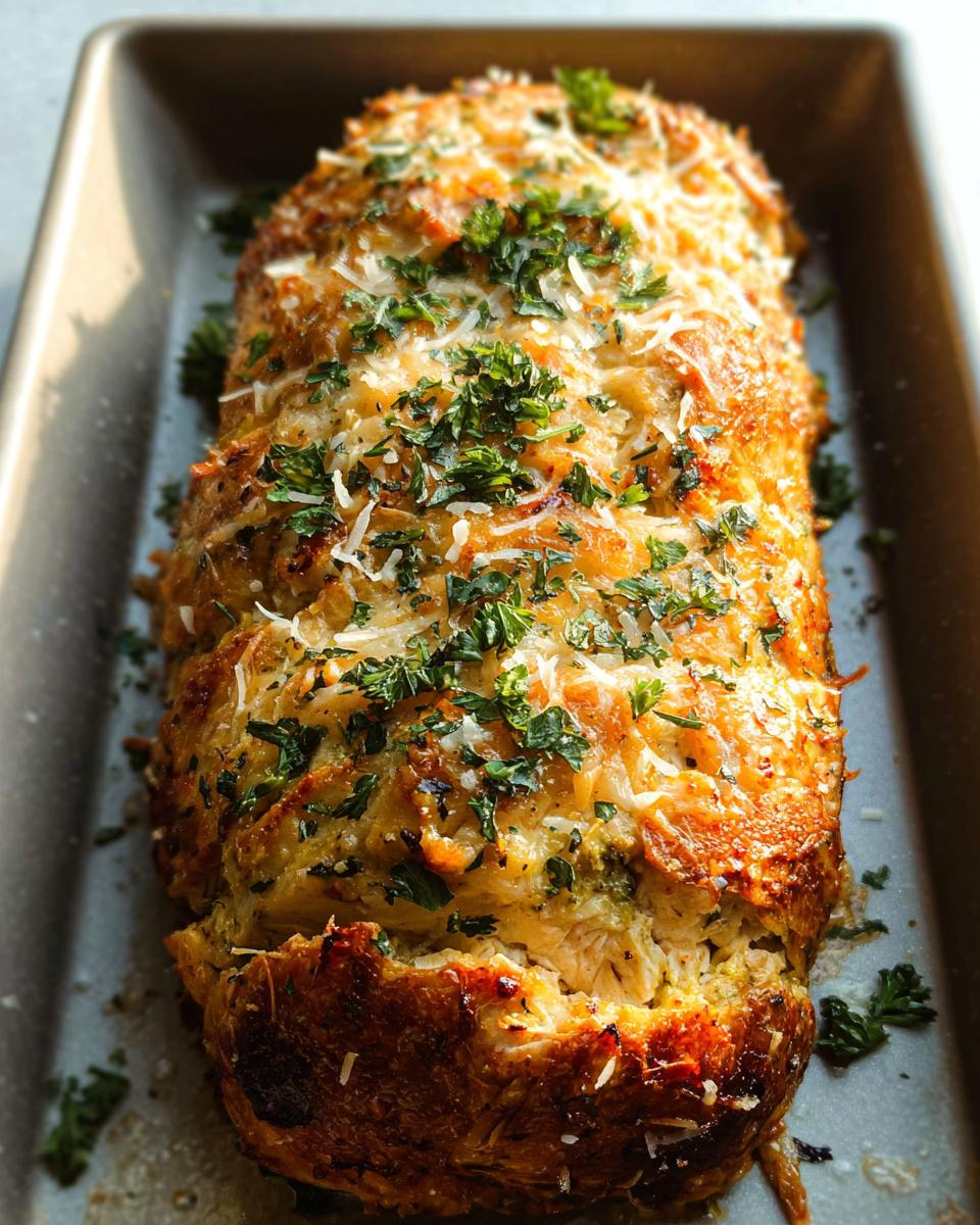 A golden-brown baked loaf of Chicken Avocado Ranch Burritos, topped with melted cheese and fresh parsley.