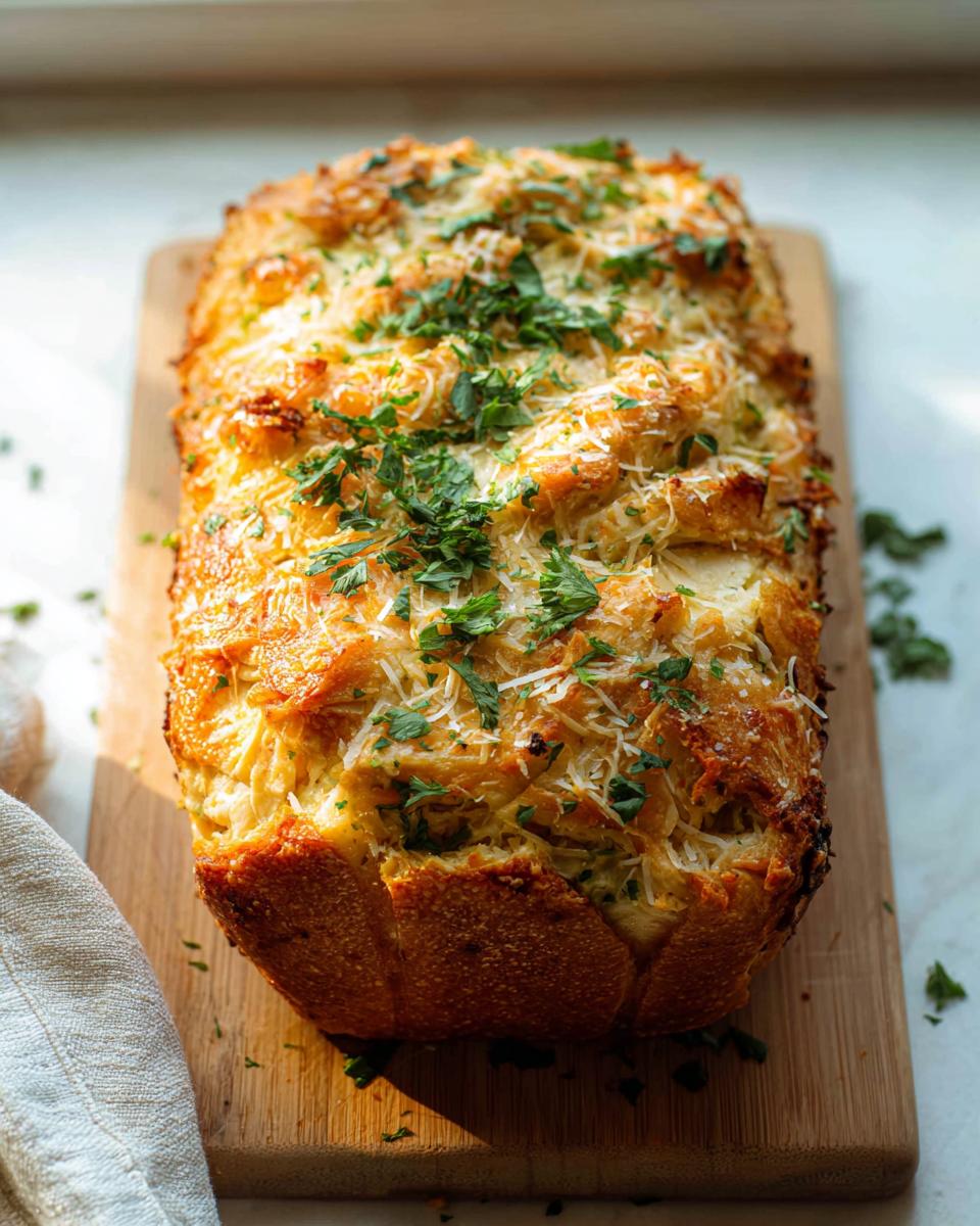 A golden-brown baked loaf of bread topped with shredded cheese and fresh parsley, perfect for Chicken Avocado Ranch Burritos.