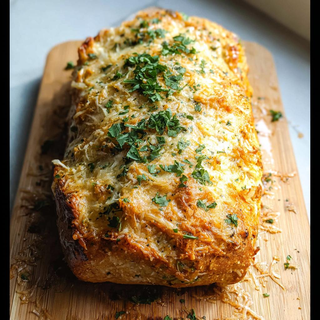 A golden-brown baked loaf topped with melted cheese and fresh parsley, perfect for Chicken Avocado Ranch Burritos.