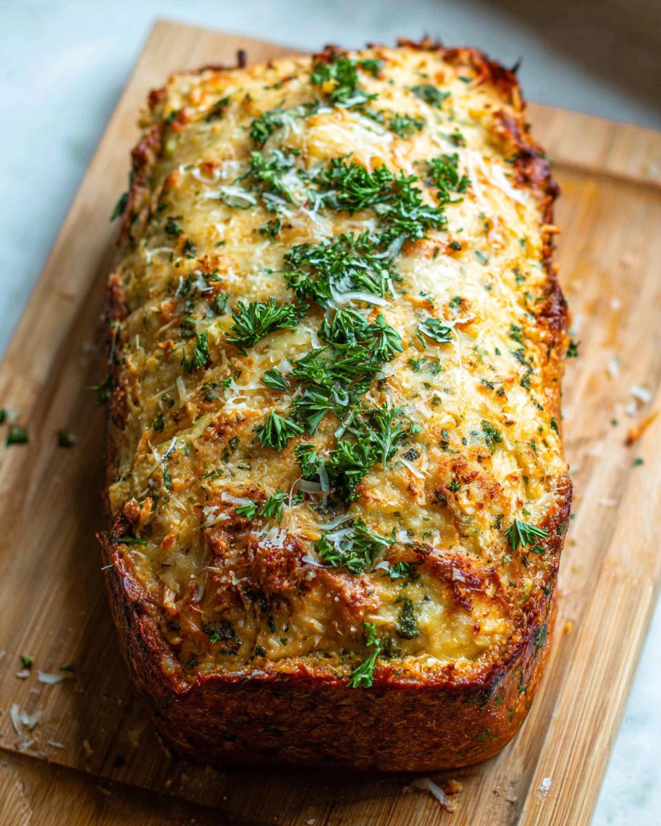 A golden-brown loaf of Chicken Avocado Ranch Burritos, topped with melted cheese and fresh parsley.