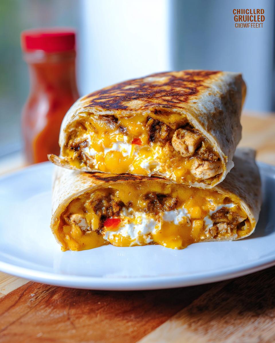 A cross-section of a Chicken Crunch Wrap, revealing tender chicken, melted cheese, and a creamy filling.