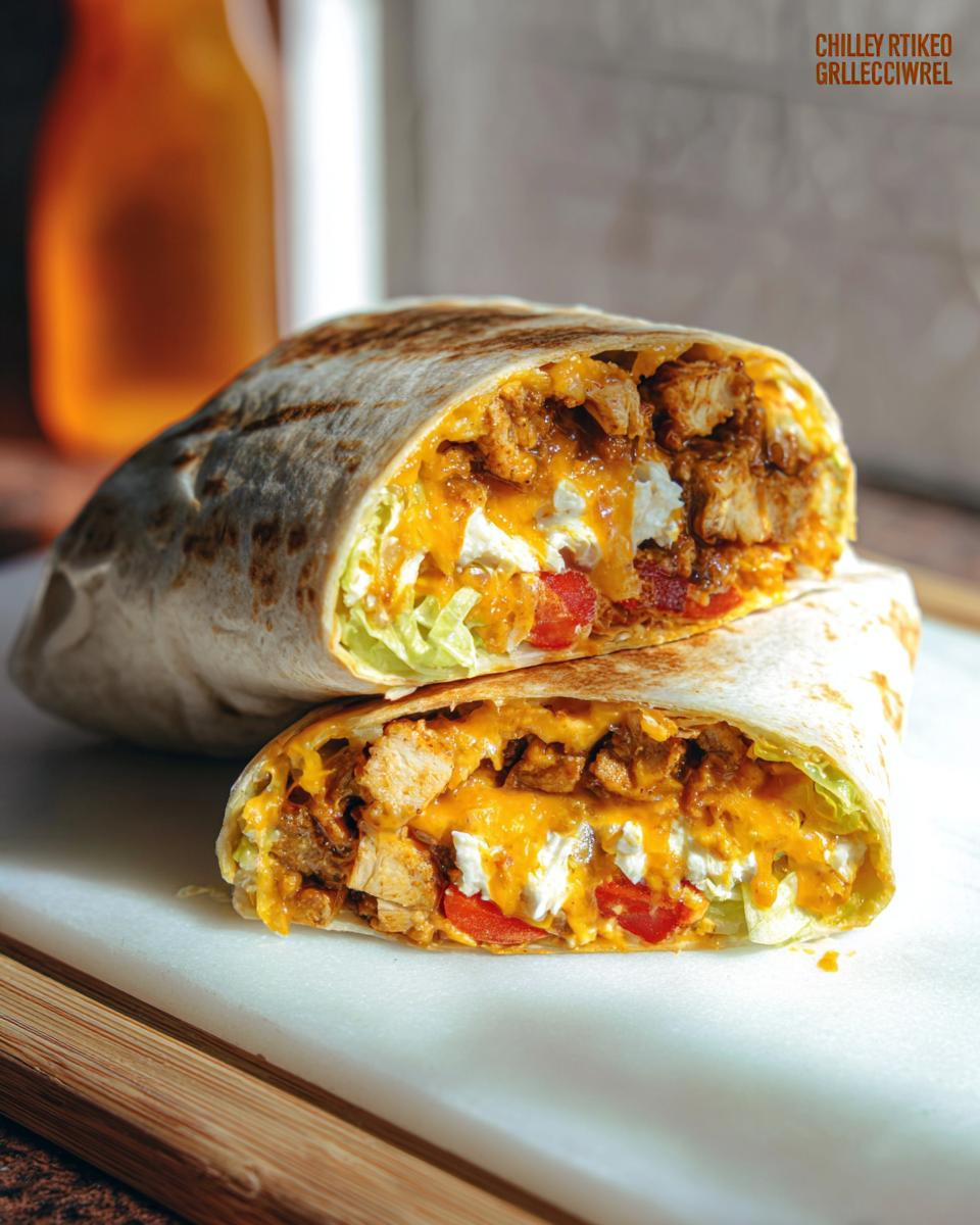 A delicious Chicken Crunch Wrap cut in half, showcasing seasoned chicken, melted cheese, lettuce, and tomatoes.