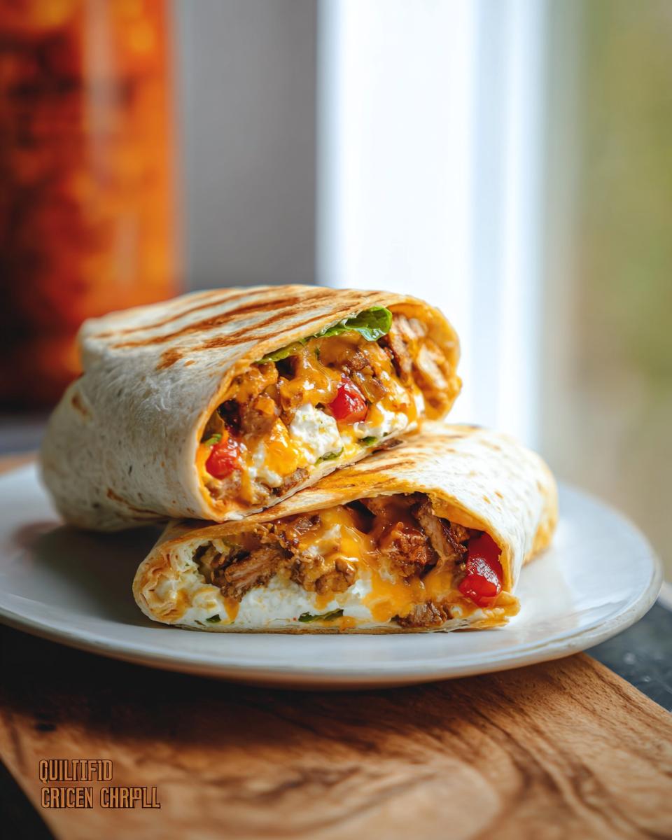 A delicious Chicken Crunch Wrap, cut in half, revealing shredded chicken, cheese, and creamy filling.