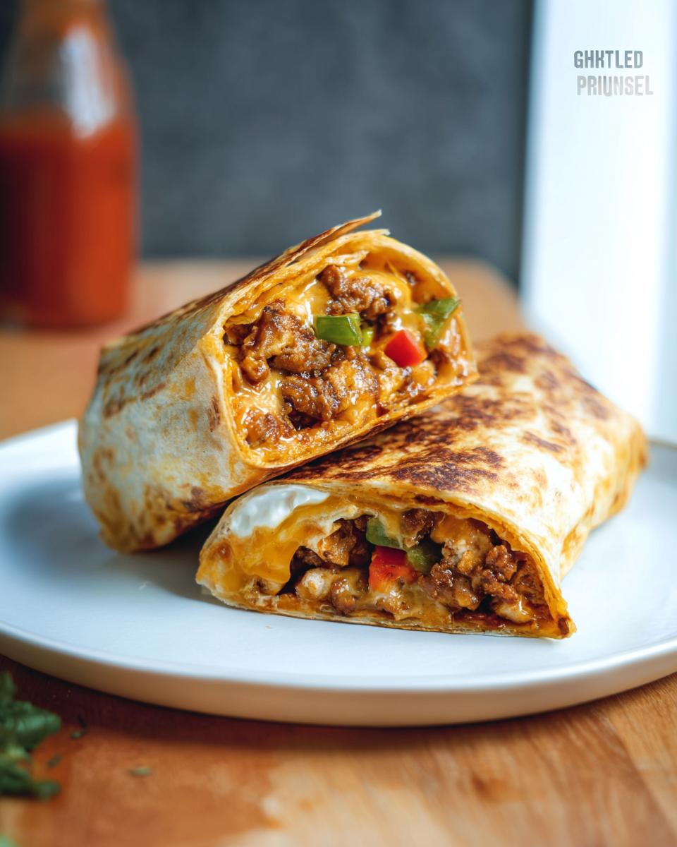 A halved Chicken Crunch Wrap filled with seasoned chicken, cheese, and peppers, served on a white plate.