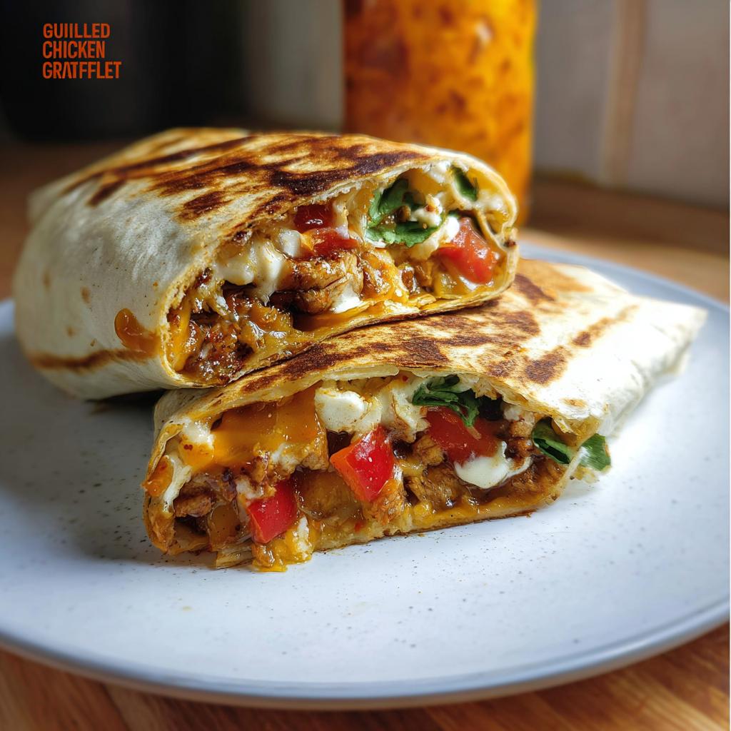 A close-up of a halved Chicken Crunch Wrap, revealing seasoned chicken, melted cheese, bell peppers, and greens.