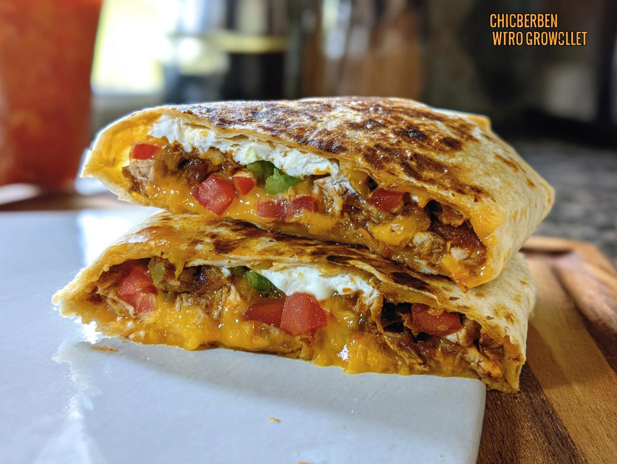 A cross-section of a delicious Chicken Crunch Wrap, showing shredded chicken, melted cheese, tomatoes, and sour cream.