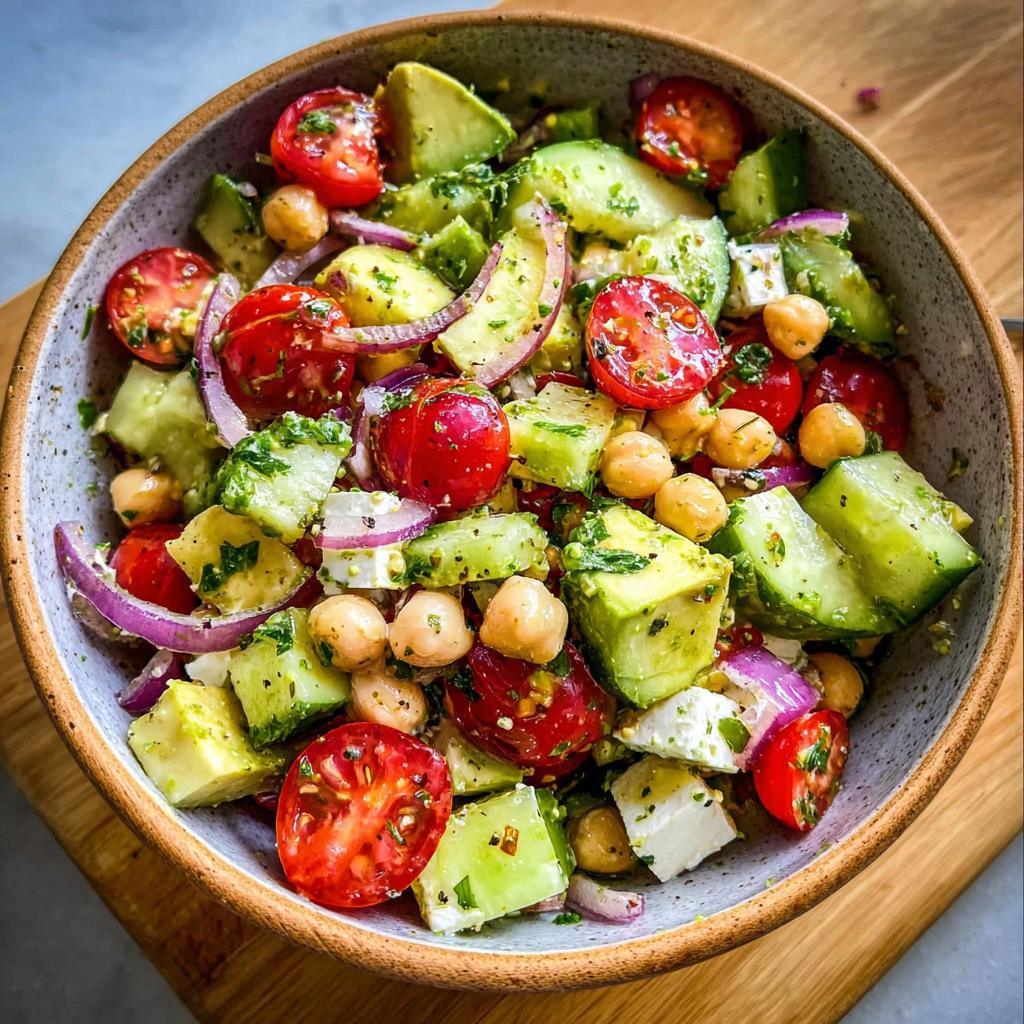 A vibrant bowl of Chickpea Feta Avocado Salad with cherry tomatoes, cucumber, red onion, and feta cheese.