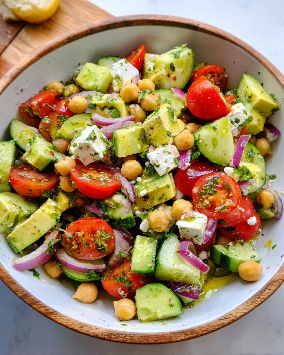 Close-up of a vibrant Chickpea Feta Avocado Salad with cherry tomatoes, cucumber, red onion, and feta cheese.