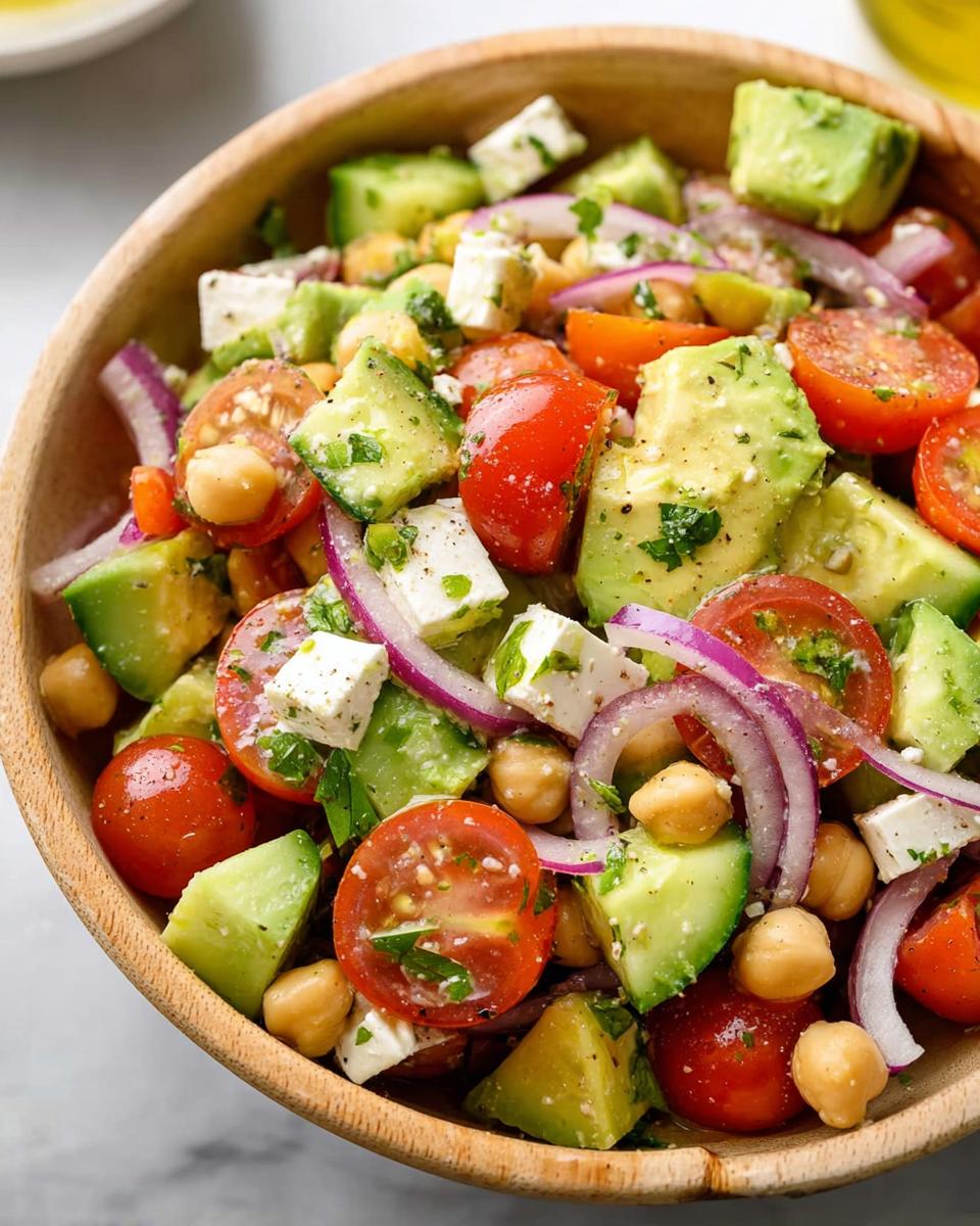 A vibrant bowl of Chickpea Feta Avocado Salad with cherry tomatoes, cucumber, red onion, and feta cheese.