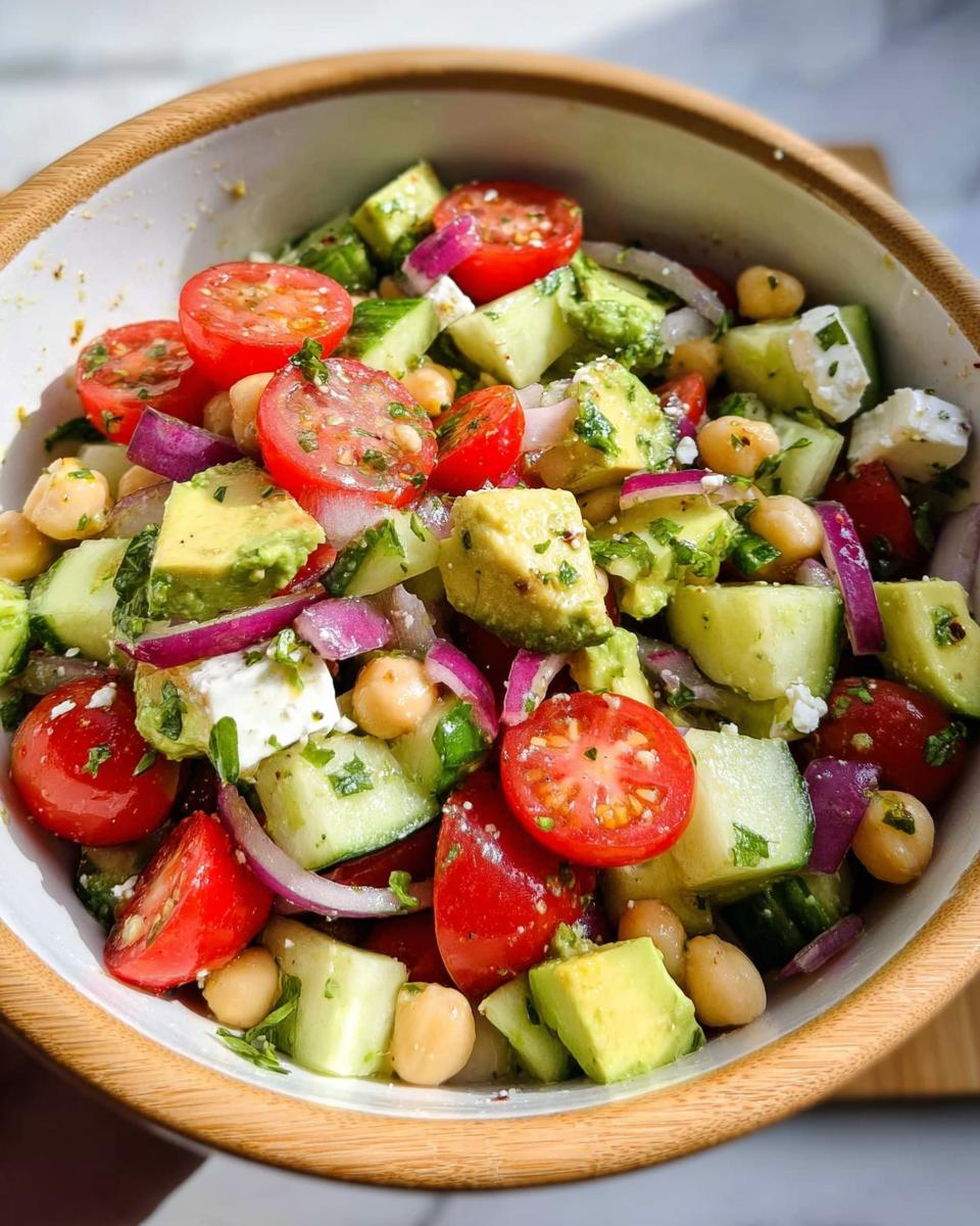 Close-up of a vibrant Chickpea Feta Avocado Salad in a bowl, featuring cherry tomatoes, cucumber, red onion, and feta cheese.