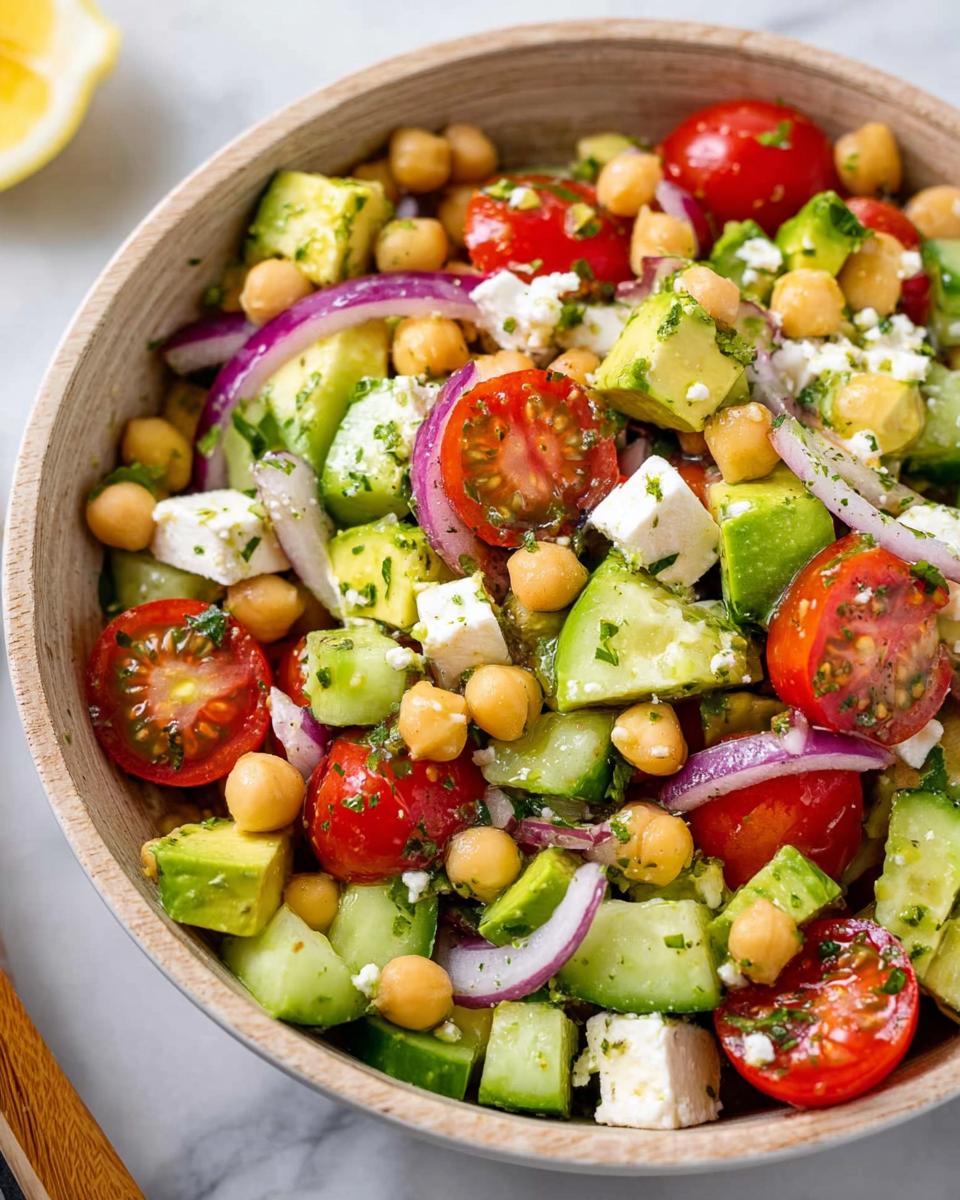 A vibrant bowl of Chickpea Feta Avocado Salad with cherry tomatoes, cucumber, red onion, and feta cheese.