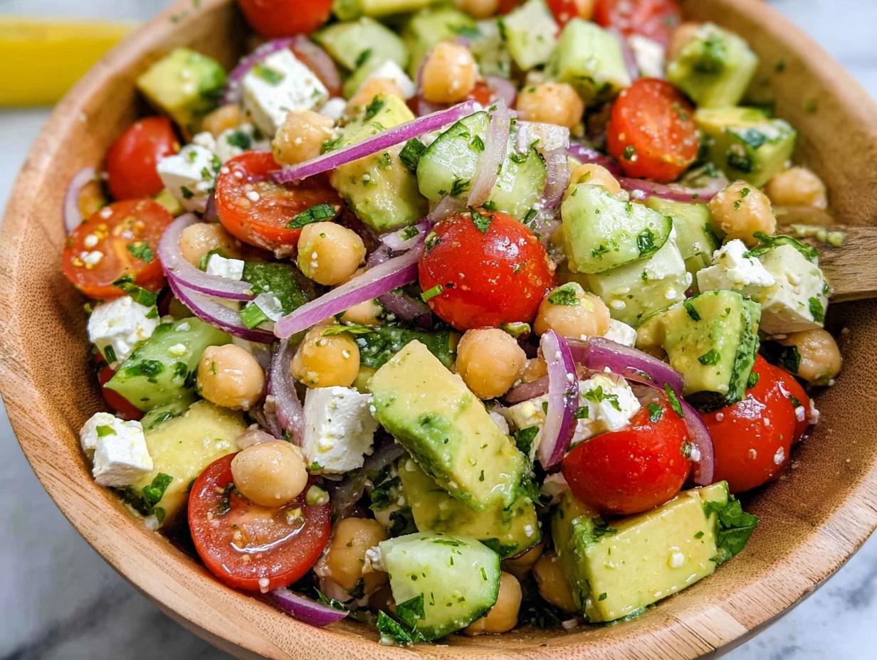 A vibrant and refreshing Chickpea Feta Avocado Salad with tomatoes, cucumber, red onion, and feta cheese in a wooden bowl.