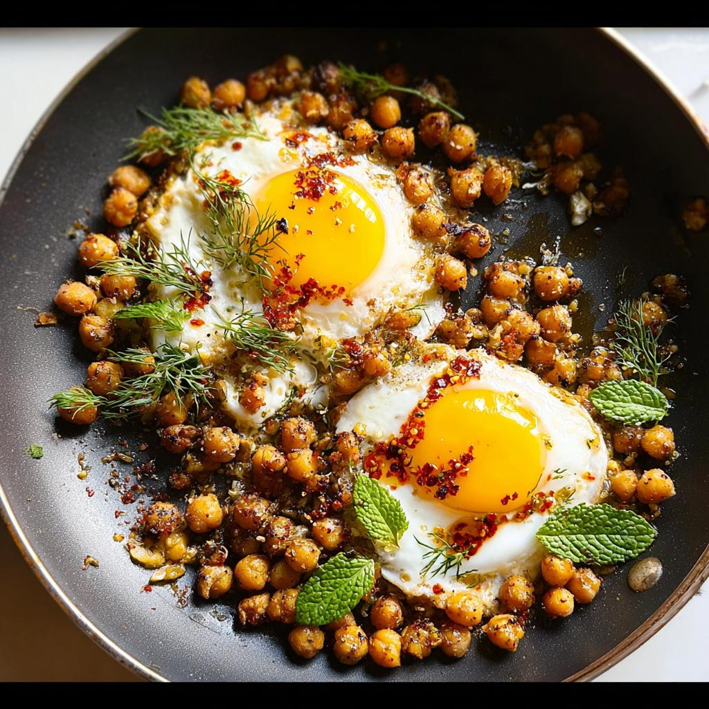 Two sunny-side-up eggs nestled in a bed of seasoned chickpeas, garnished with fresh herbs in a skillet.