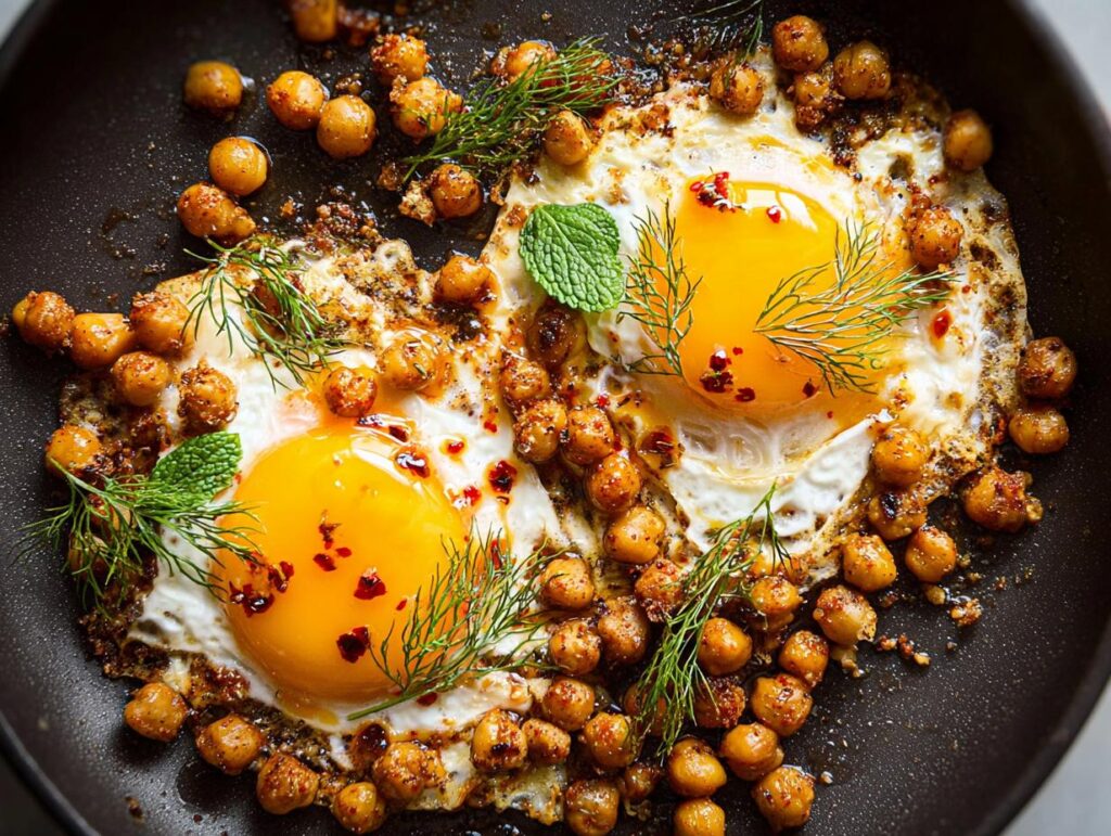 Close-up of a chickpea fried eggs recipe in a pan, with crispy chickpeas and fresh herbs.