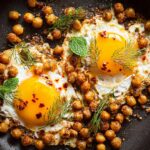 Close-up of a chickpea fried eggs recipe in a pan, with crispy chickpeas and fresh herbs.