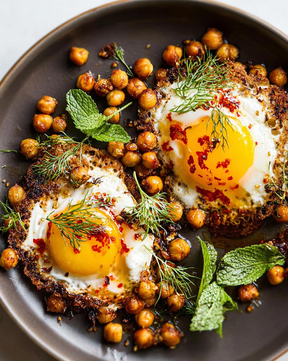 Two fried eggs served with crispy chickpeas, fresh mint, and dill, seasoned with chili flakes. A delicious Chickpea Fried Eggs Recipe.