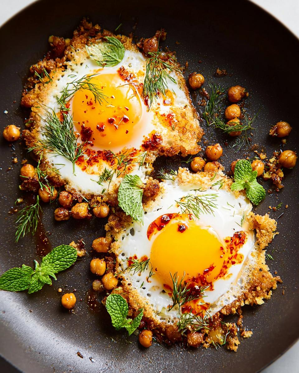 Two perfectly fried eggs with crispy chickpea crust, topped with chili oil, dill, and mint.